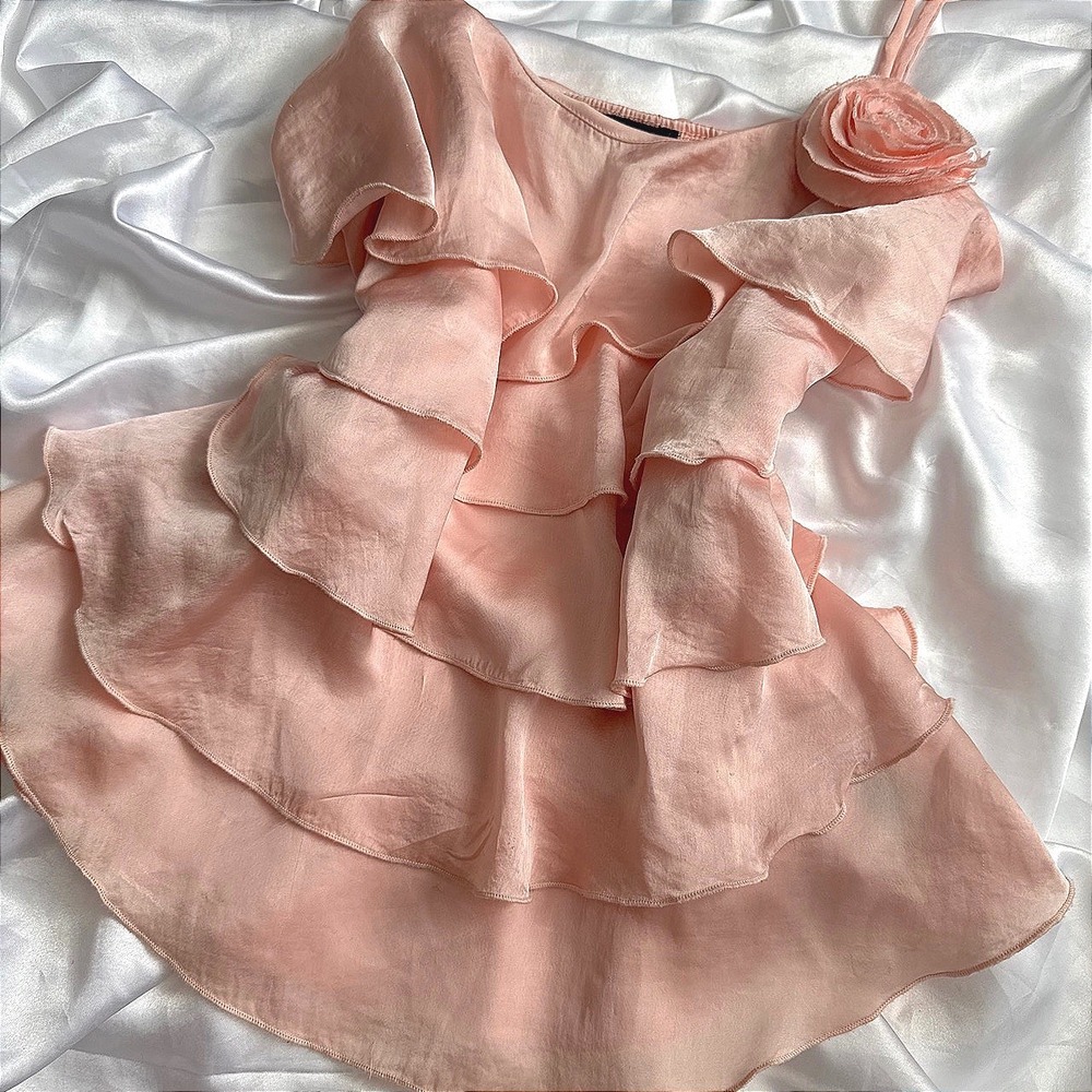 A. Byer Pink Ruffle Tiered Camisole Rosette Spaghetti Strap Top Large